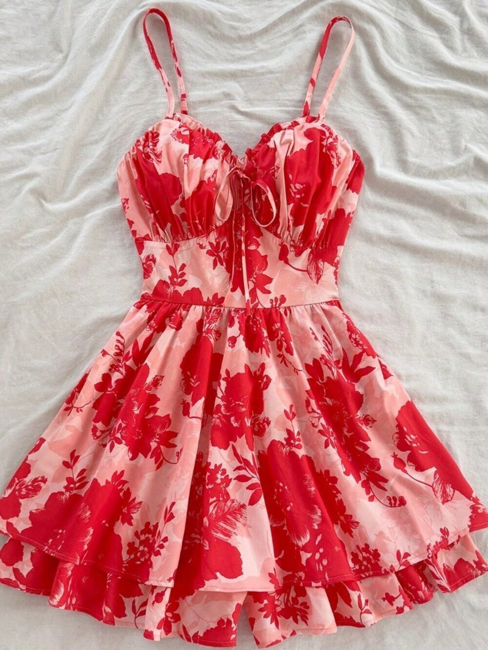 Red Boho Women's Ruffle Collar, Ruched Waist Spaghetti Strap A-Line Romper - Picture 7 of 12